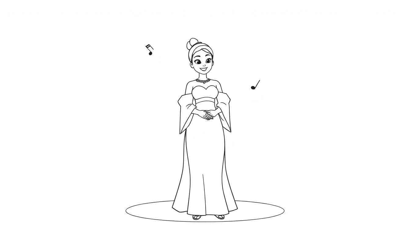 Una placa de color para colorear de Tiana con su vestido, lista para cantar.