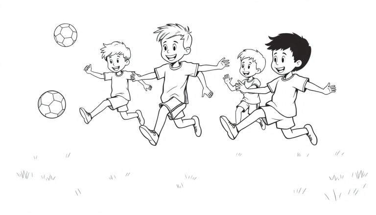 Ilustración en blanco y negro de niños jugando al fútbol, con la placa de color sugerida.
