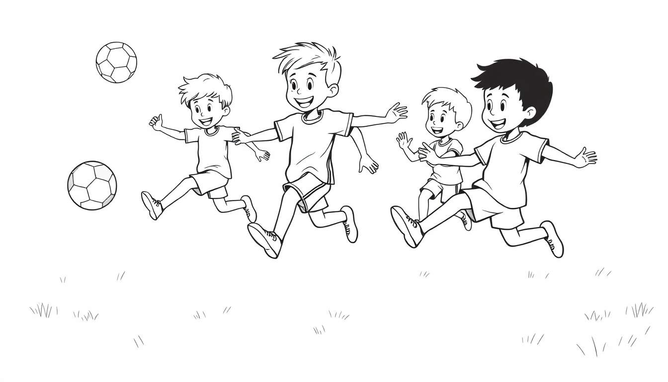 Ilustración en blanco y negro de niños jugando al fútbol, con la placa de color sugerida.