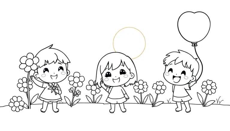 Niños chibi dibujados en blanco y negro, listos para ser coloreados, con flores y un globo en forma de corazón.