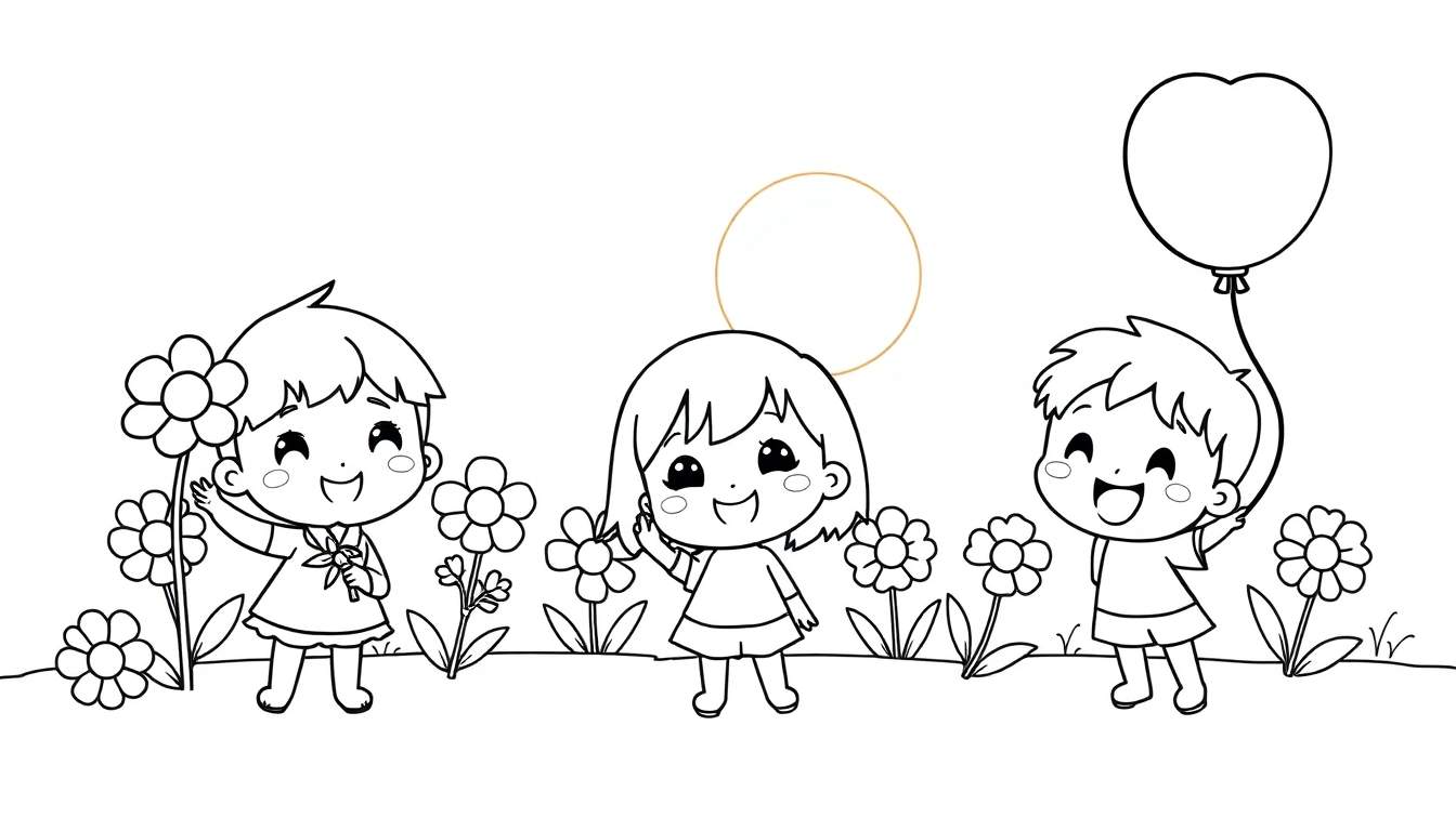 Niños chibi dibujados en blanco y negro, listos para ser coloreados, con flores y un globo en forma de corazón.