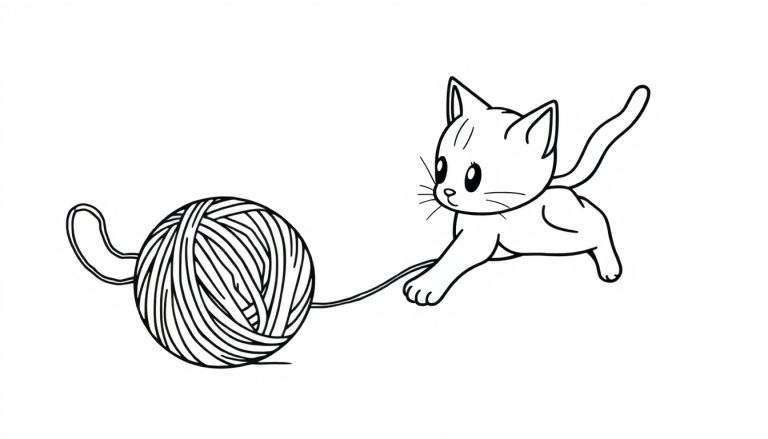 Placa de color: Un gatito adorable jugando con un ovillo de lana en un dibujo lineal.