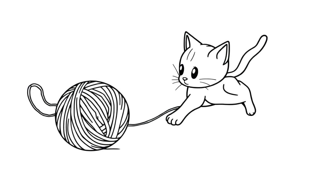 Placa de color: Un gatito adorable jugando con un ovillo de lana en un dibujo lineal.