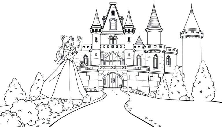 Una princesa sonriente en un dibujo lineal listo para colorear, parada frente a un castillo, con la palabra 'placa de color' en la imagen.