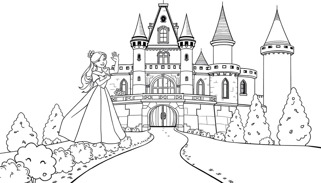 Una princesa sonriente en un dibujo lineal listo para colorear, parada frente a un castillo, con la palabra 'placa de color' en la imagen.