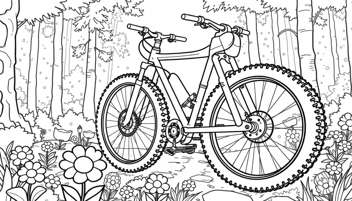 Dibujo lineal de una bicicleta de montaña con ruedas grandes en un bosque soleado.