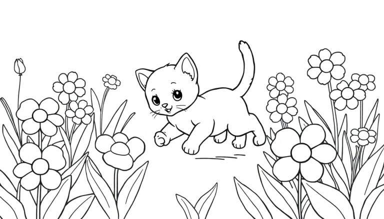 Placa de color de un gatito juguetón entre flores.