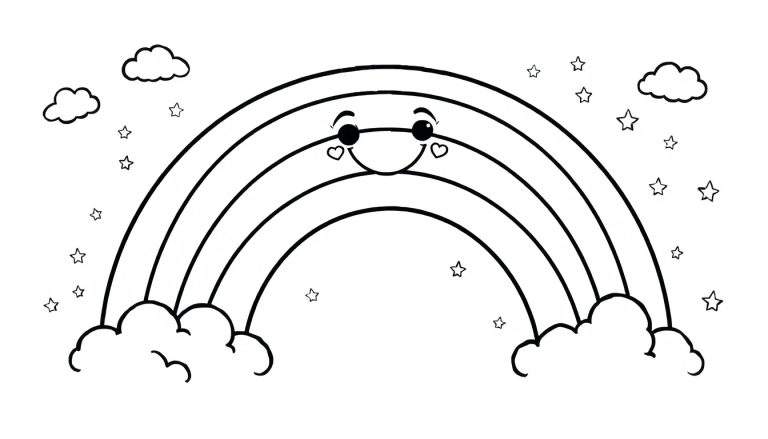 Placa de color: Arcoíris sonriente con nubes y estrellas.