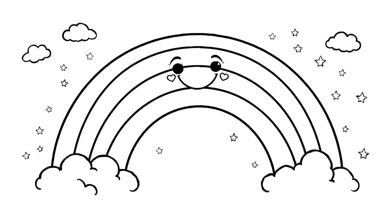 Placa de color: Arcoíris sonriente con nubes y estrellas.