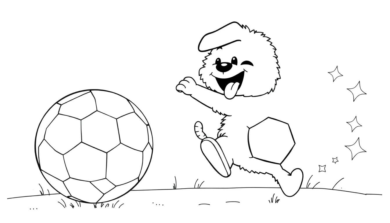 Placa de color de un perro jugando con un balón de fútbol.