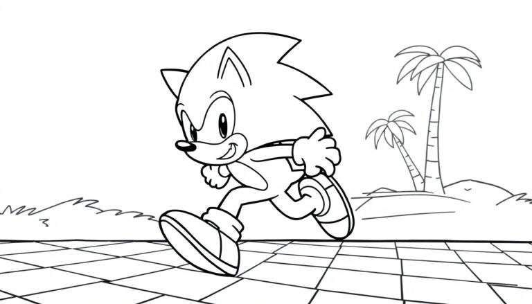 Sonic the Hedgehog corriendo rápido, página para colorear de la placa de color.