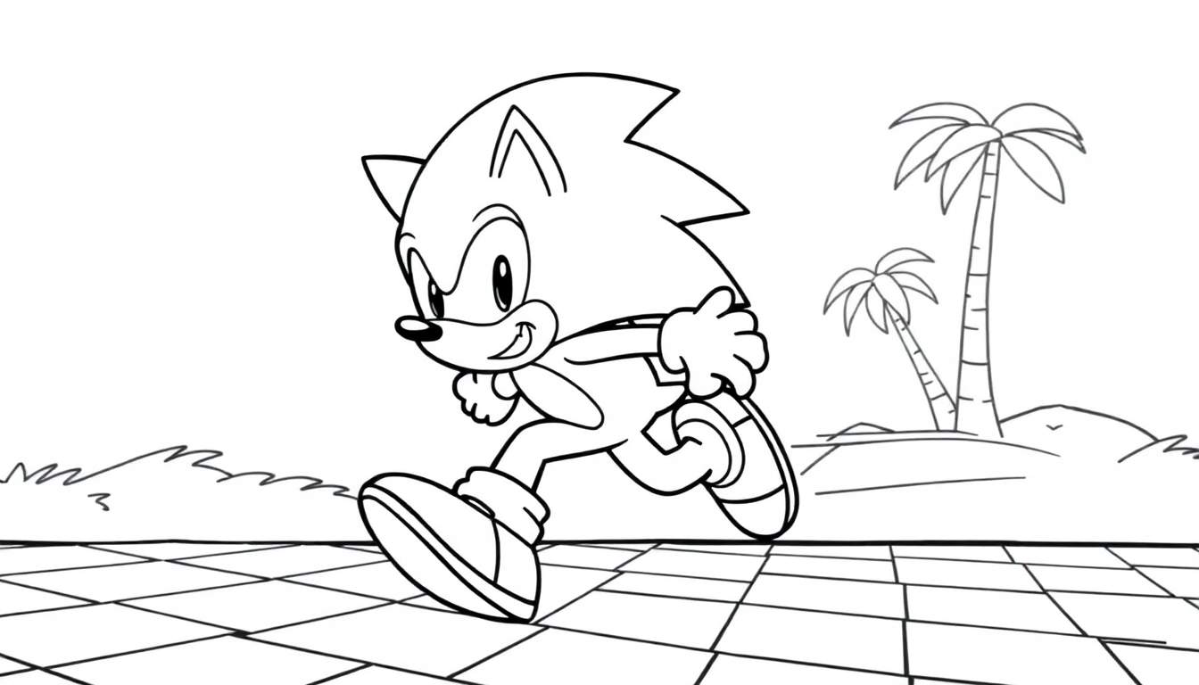 Sonic the Hedgehog corriendo rápido, página para colorear de la placa de color.