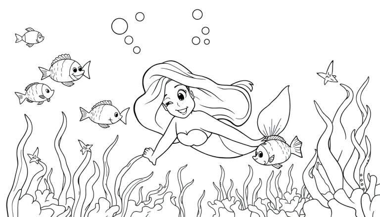 Página para colorear de la placa: Ariel sonriendo y guiñando un ojo mientras nada entre peces y algas marinas.