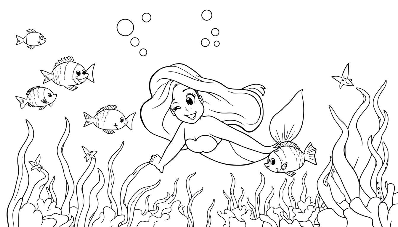 Página para colorear de la placa: Ariel sonriendo y guiñando un ojo mientras nada entre peces y algas marinas.