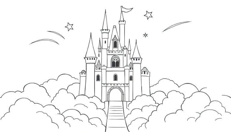 Placa de color de un castillo mágico en las nubes con estrellas fugaces.