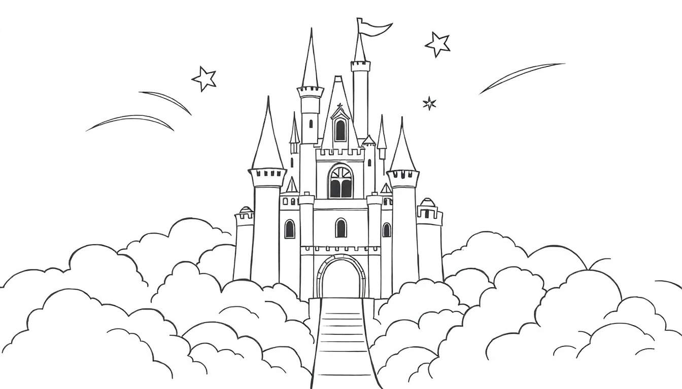 Placa de color de un castillo mágico en las nubes con estrellas fugaces.