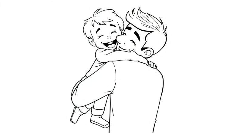 Placa de color con un padre sonriendo y abrazando a su hijo.