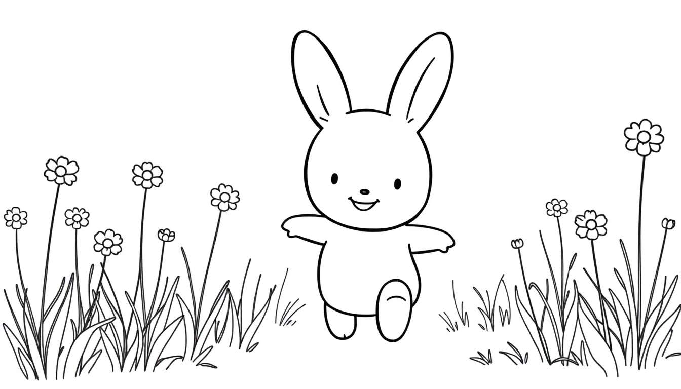 Placa de color de Miffy la conejita corriendo en un campo de flores.