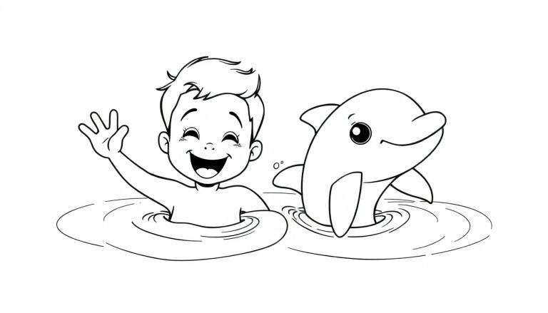Una placa de color de un niño riendo y saludando a un delfín sonriente nadando juntos en el agua.