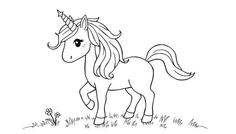 Placa de colorear de un unicornio en blanco y negro sobre hierba con flores.