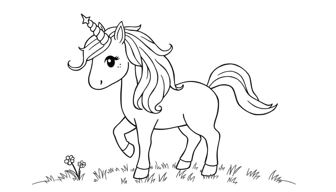 Placa de colorear de un unicornio en blanco y negro sobre hierba con flores.