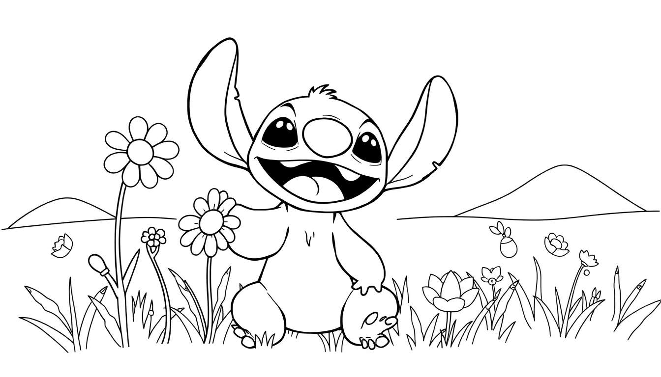 Dibujo en blanco y negro de Stitch sonriendo en un prado primaveral con flores.