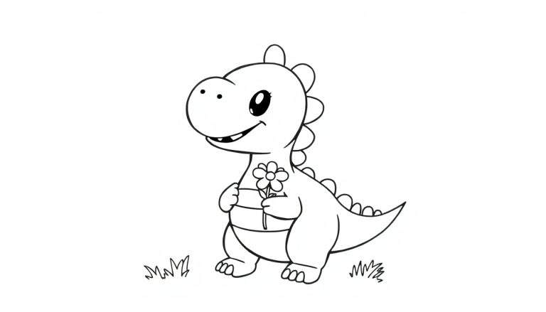 Placa de color de un dinosaurio bebé sonriente sosteniendo una flor.