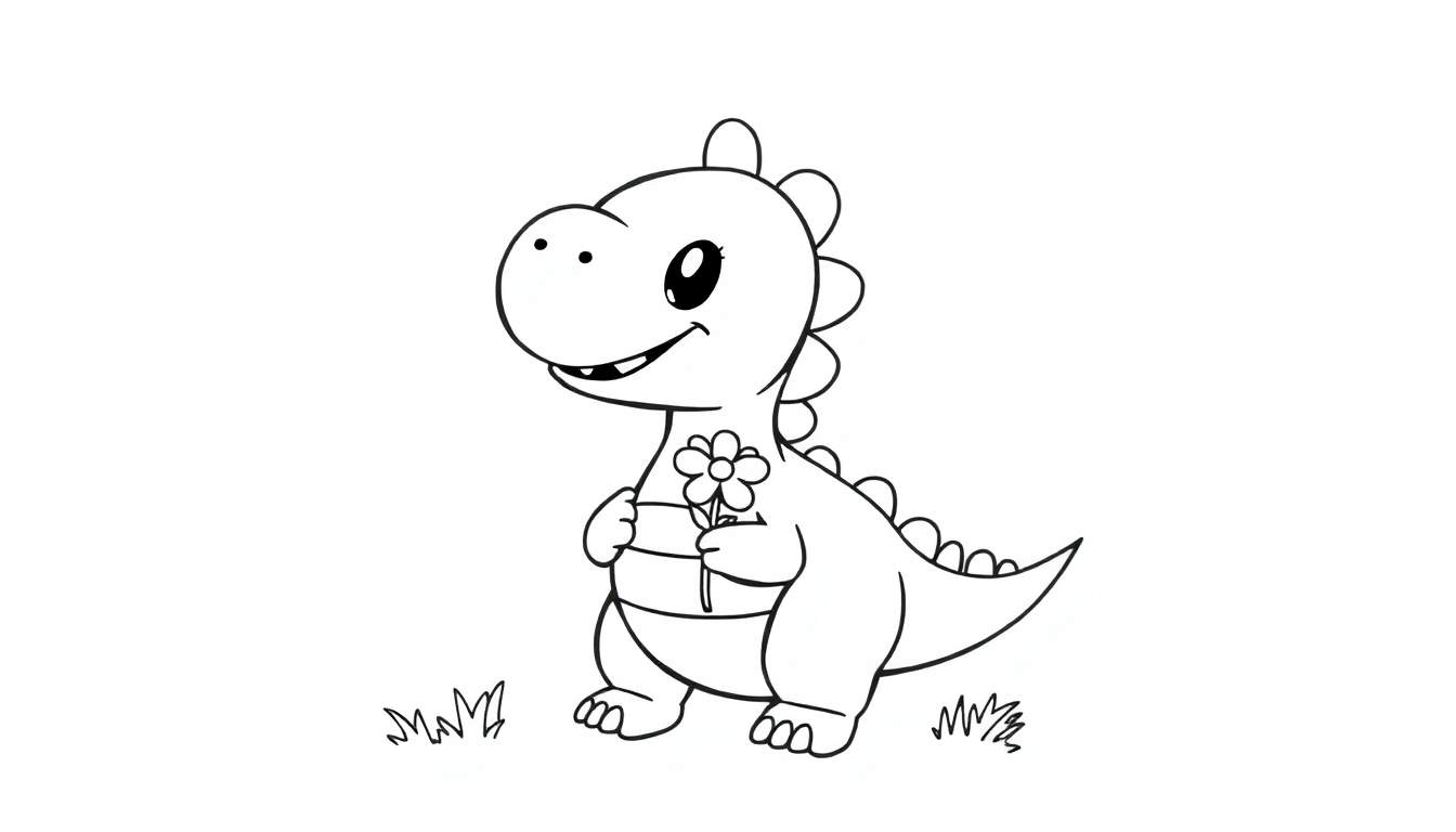 Placa de color de un dinosaurio bebé sonriente sosteniendo una flor.