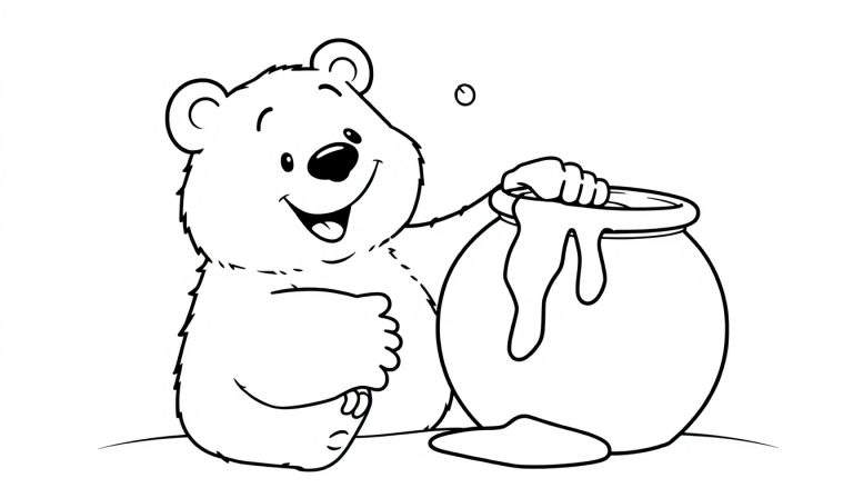 Un oso amigable sonriendo y abrazando una olla de miel, listo para colorear en esta placa de color.