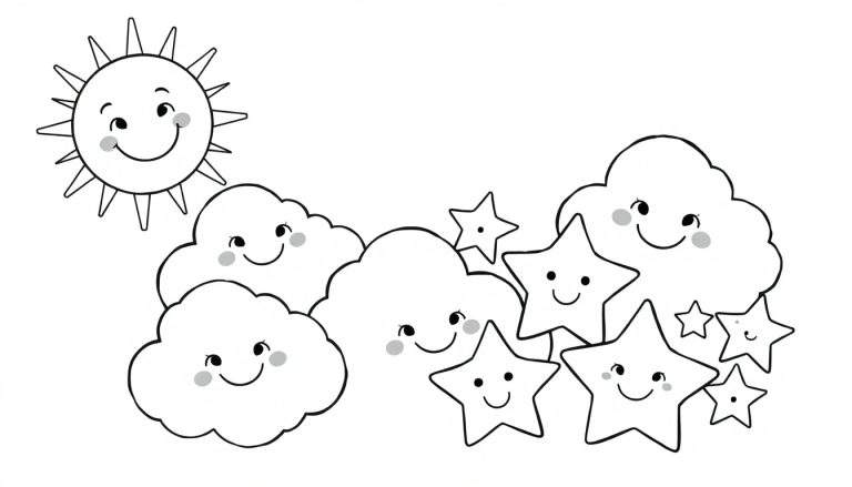 Placa de color con un sol sonriente, nubes felices y estrellas sonrientes.