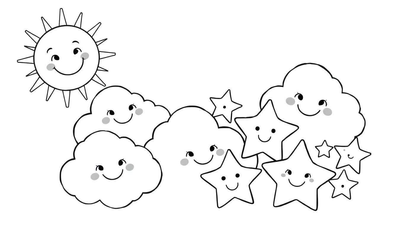 Placa de color con un sol sonriente, nubes felices y estrellas sonrientes.
