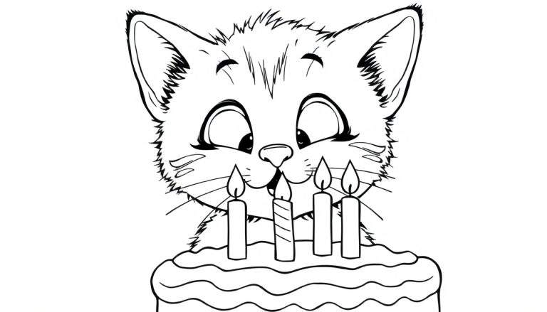 Placa de color de un gatito celebrando su cumpleaños.