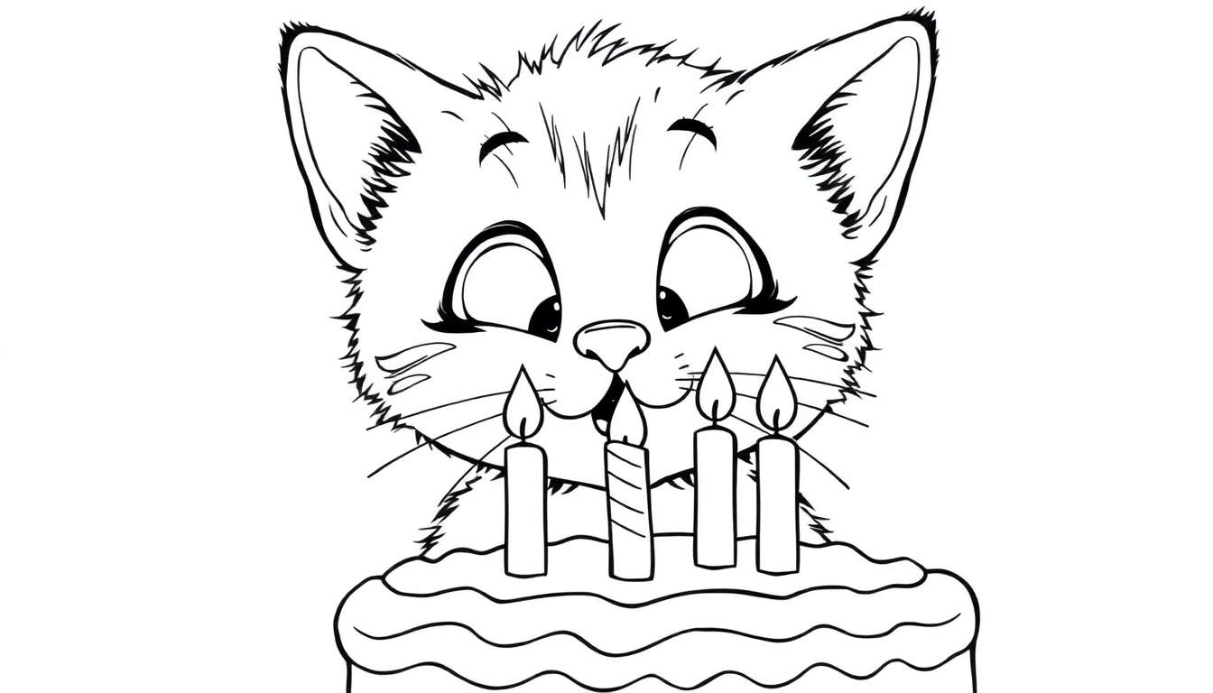 Placa de color de un gatito celebrando su cumpleaños.