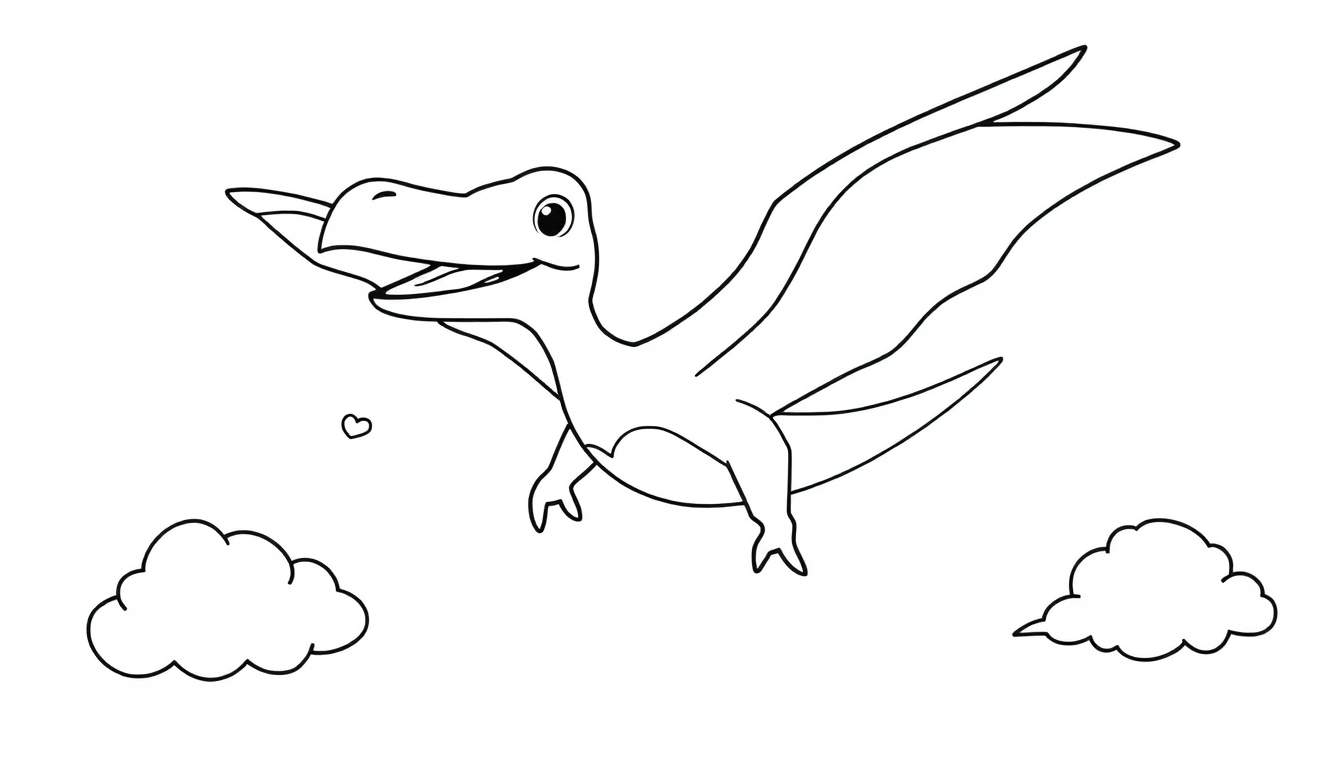 Pterodáctilo sonriente volando con alas abiertas, página para colorear, placa de color.