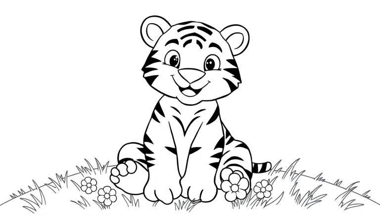 Un tierno cachorro de tigre sentado en un campo de flores, listo para ser coloreado en esta placa de color.