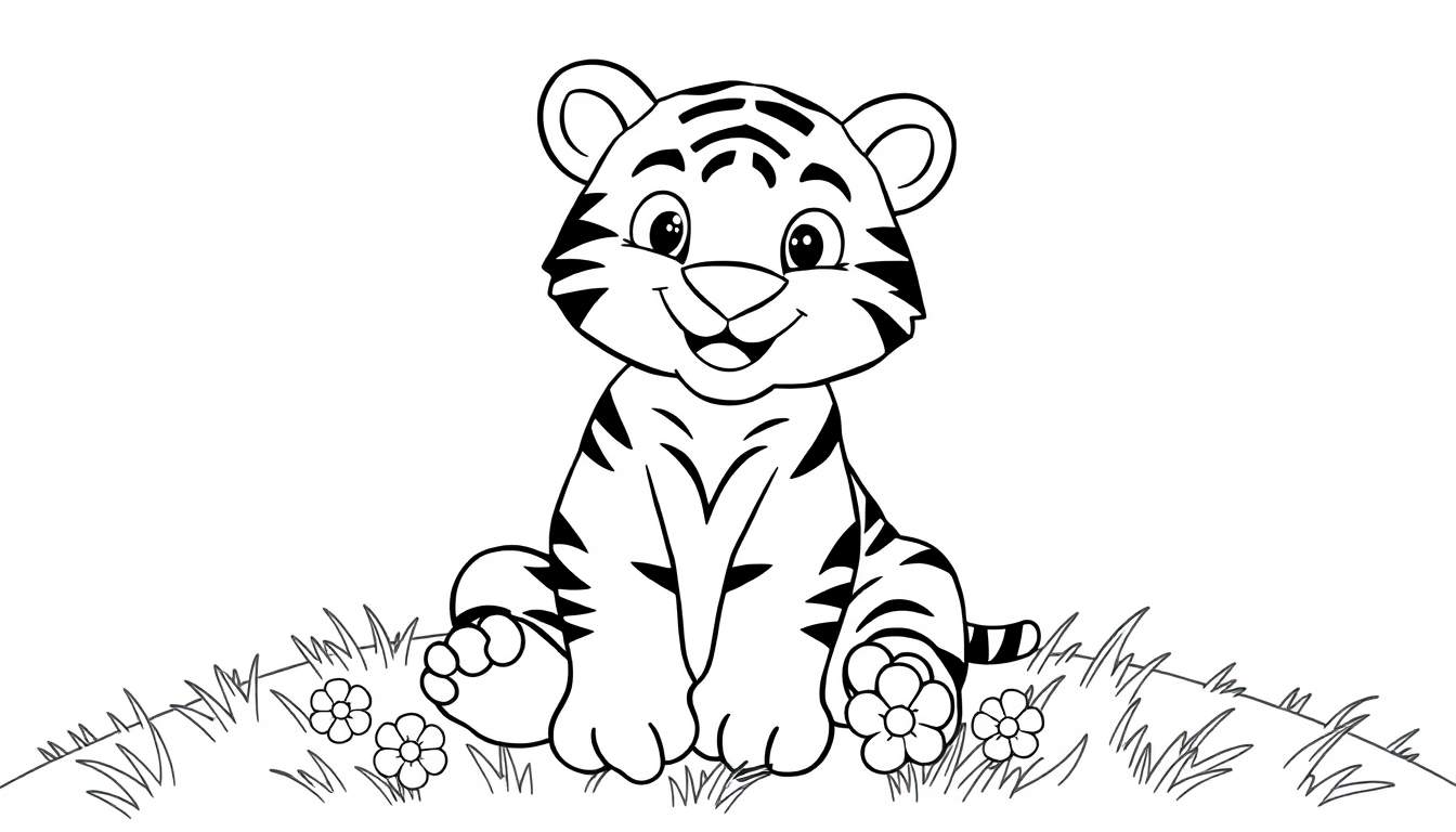 Un tierno cachorro de tigre sentado en un campo de flores, listo para ser coloreado en esta placa de color.