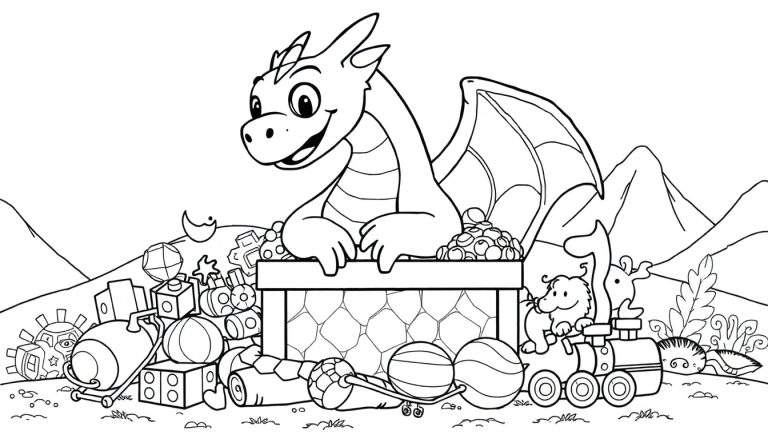 Placa para colorear de Smaug el dragón rodeado de juguetes.