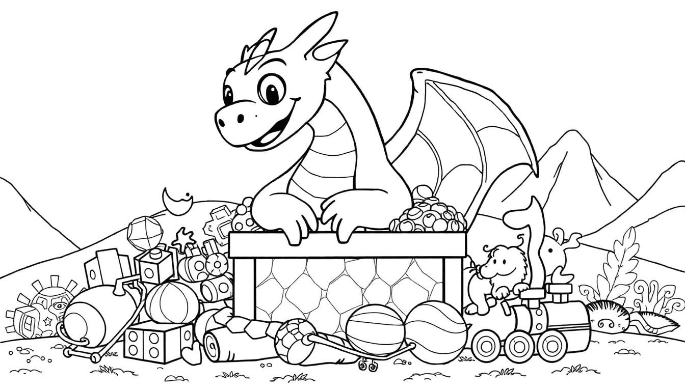 Placa para colorear de Smaug el dragón rodeado de juguetes.
