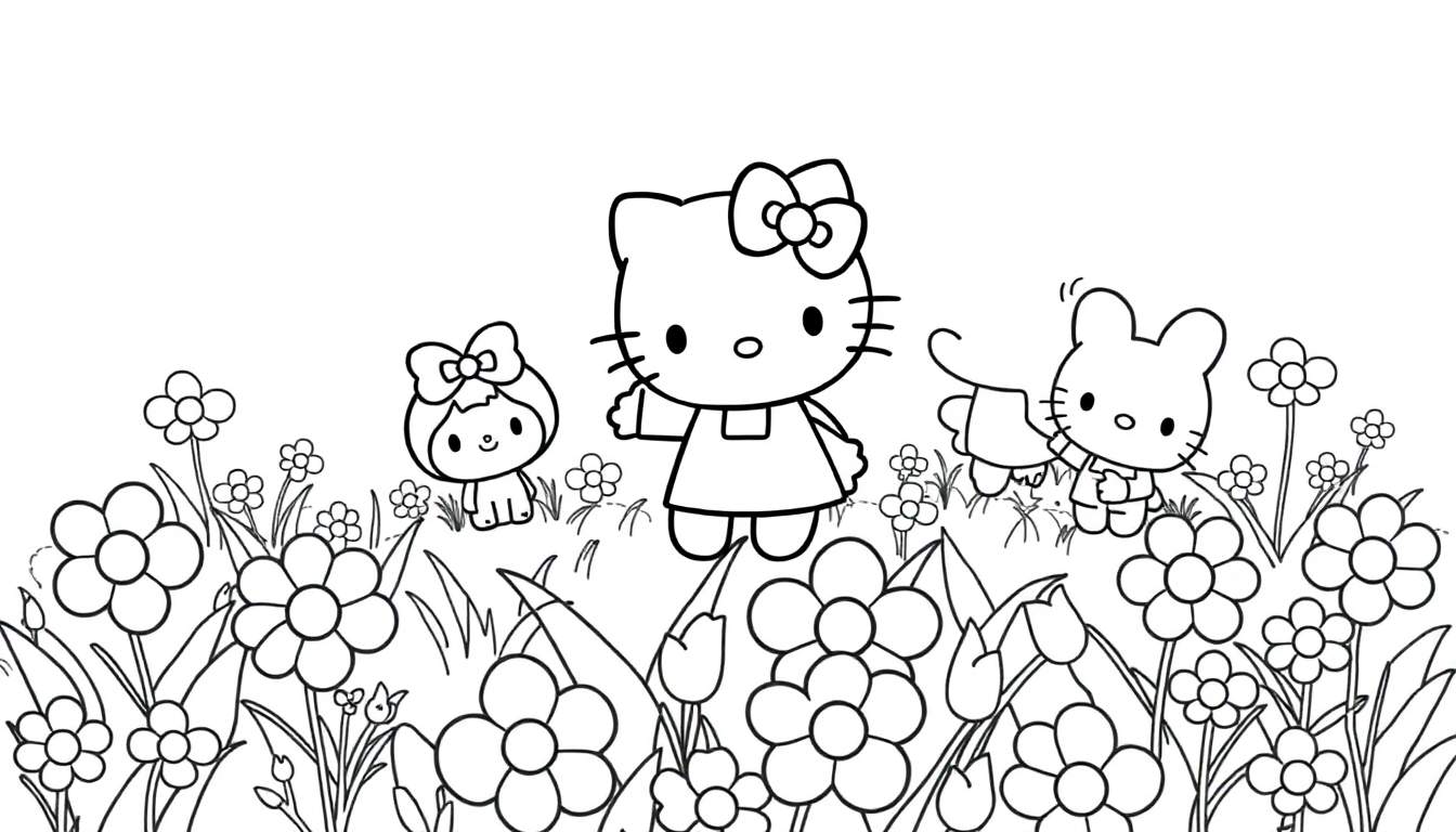 Hello Kitty y amigos en un prado de flores para colorear.