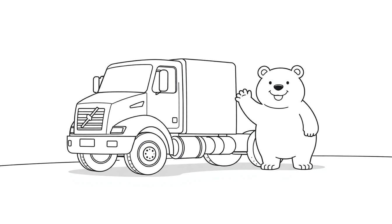 Camión Volvo y oso polar para colorear. Placa de color.