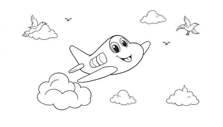 Placa de color de un avión sonriente volando con pájaros y nubes.