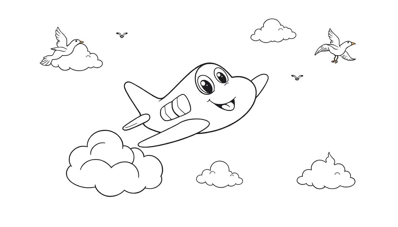 Placa de color de un avión sonriente volando con pájaros y nubes.