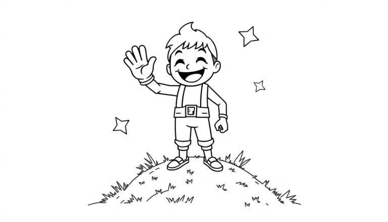 Niño de Fortnite saludando en una colina, listo para colorear en la placa de color.