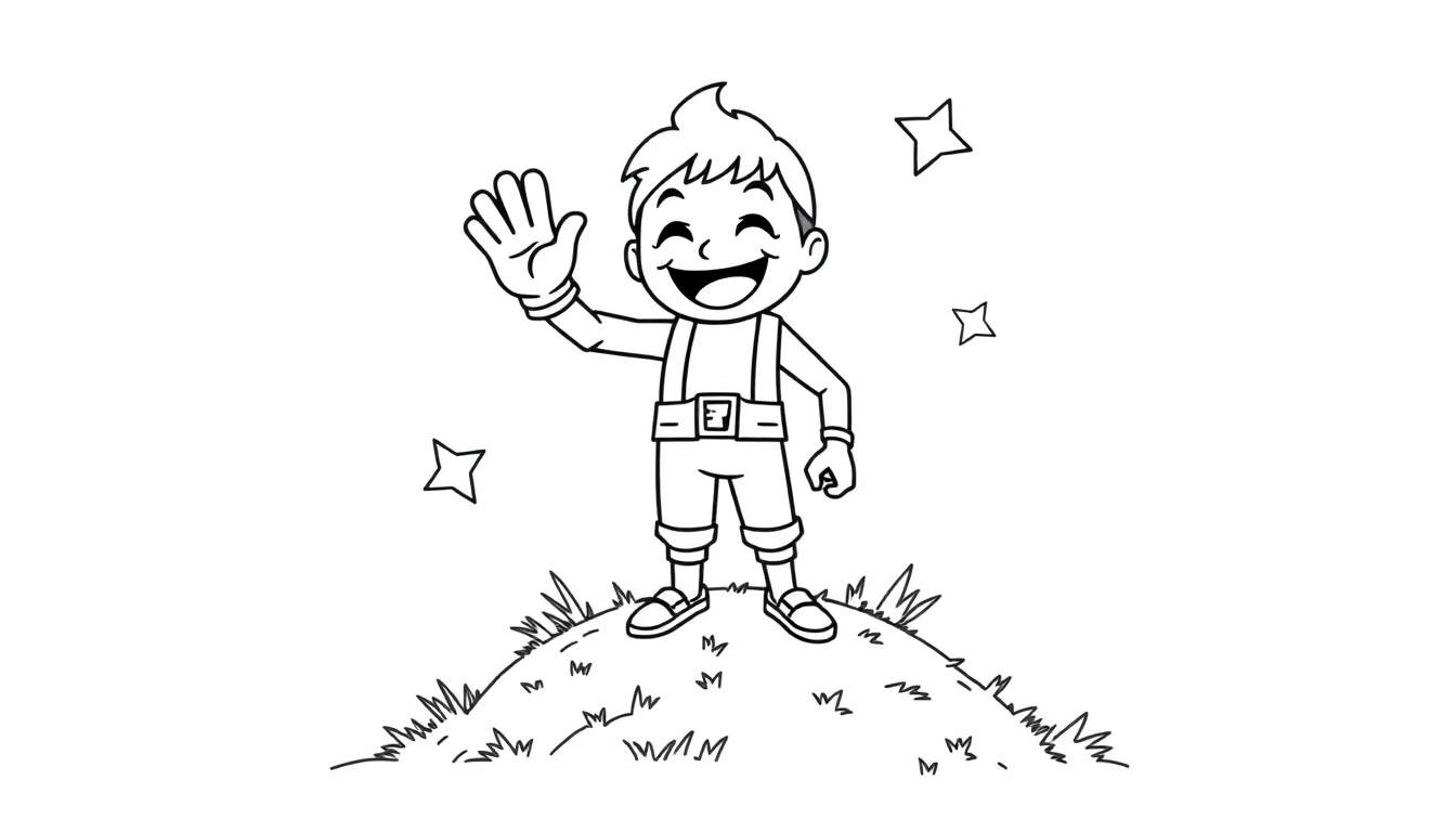 Niño de Fortnite saludando en una colina, listo para colorear en la placa de color.