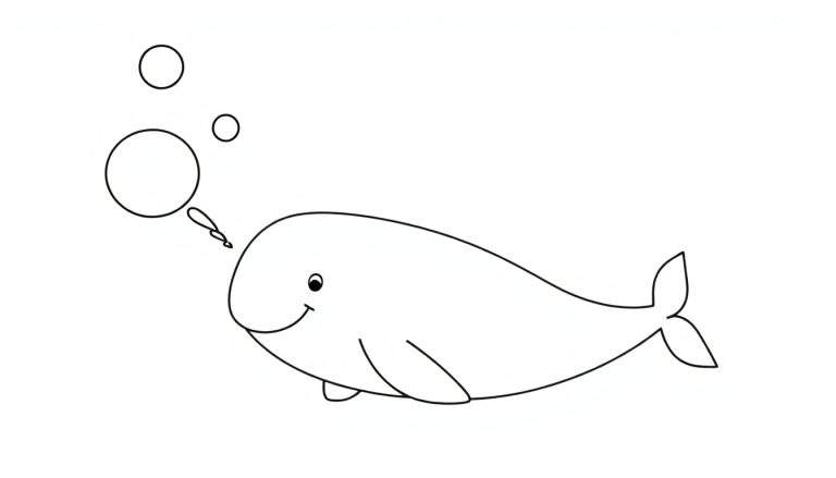 Una linda ballena blanca sonriente haciendo burbujas, lista para colorear en una placa de color.