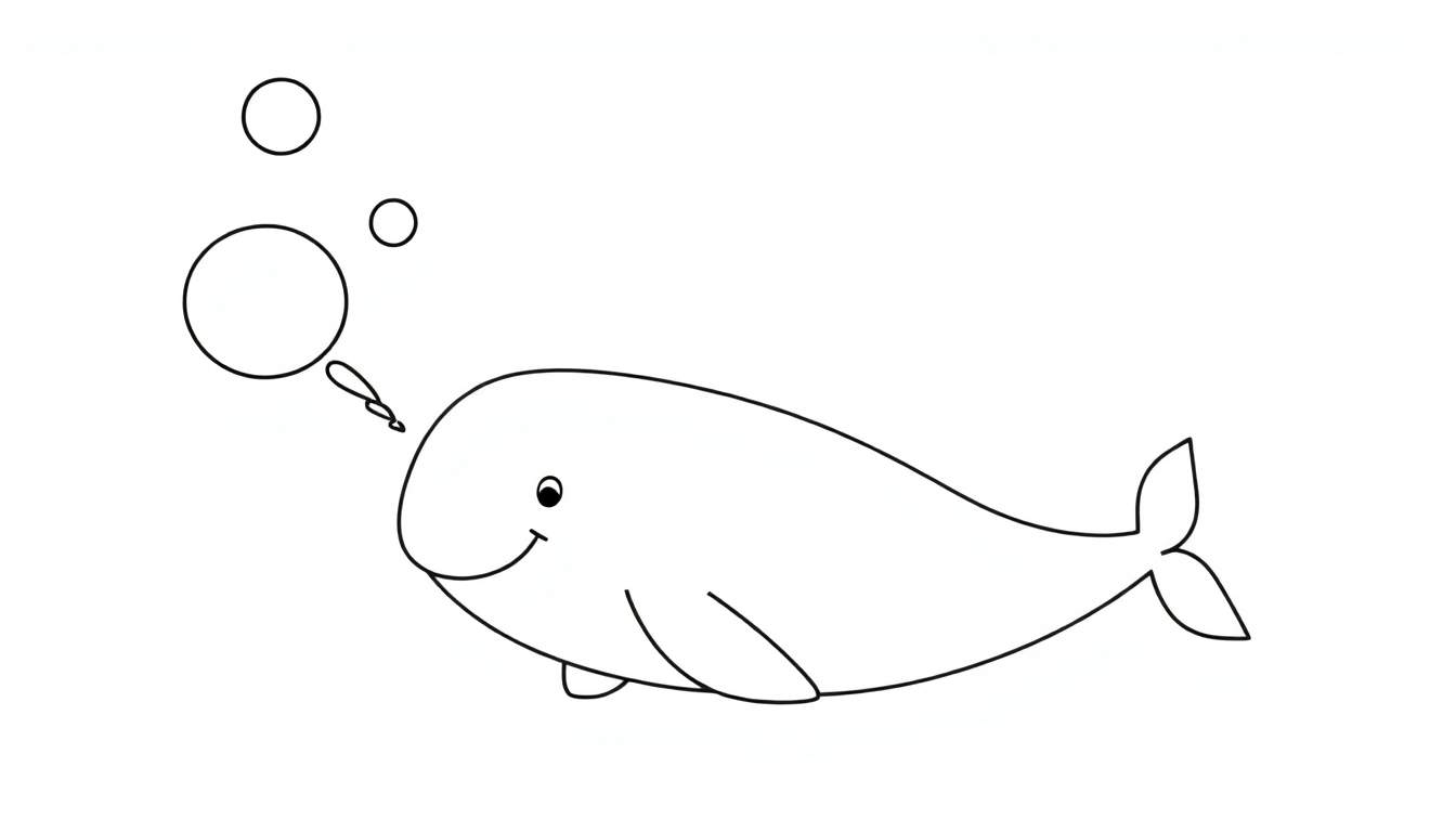Una linda ballena blanca sonriente haciendo burbujas, lista para colorear en una placa de color.
