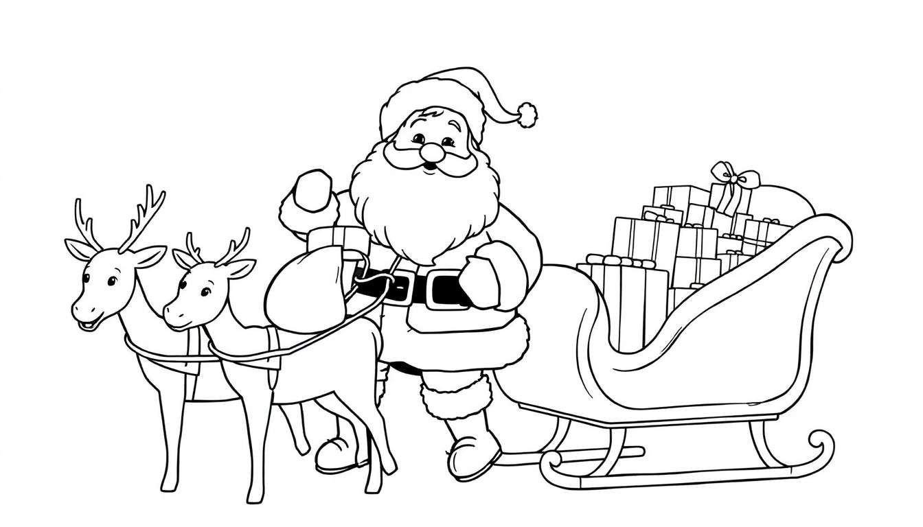Papá Noel en su trineo, listo para repartir alegría, una placa de color para que los niños la pinten.