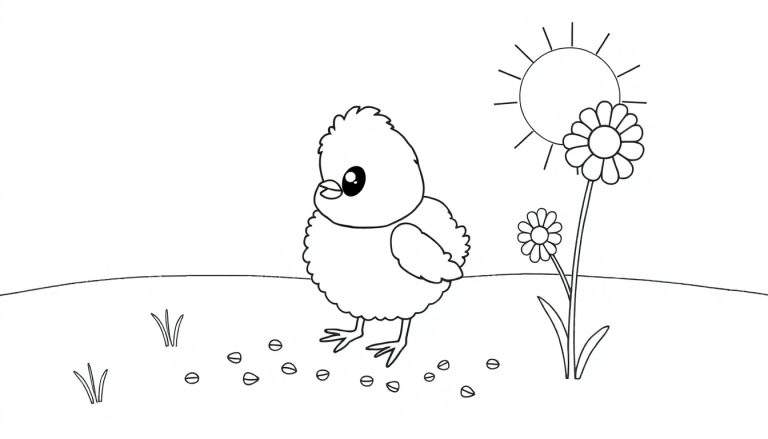 Un pollito picoteando semillas en un campo soleado, listo para colorear en una placa de color.