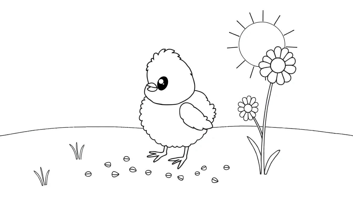 Un pollito picoteando semillas en un campo soleado, listo para colorear en una placa de color.
