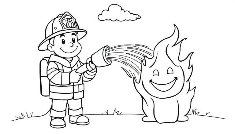 Placa de color de un bombero valiente apagando un fuego feliz.